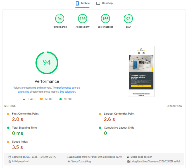 Lighthouse audit example: Performance 95, Accessibility 92, SEO 98