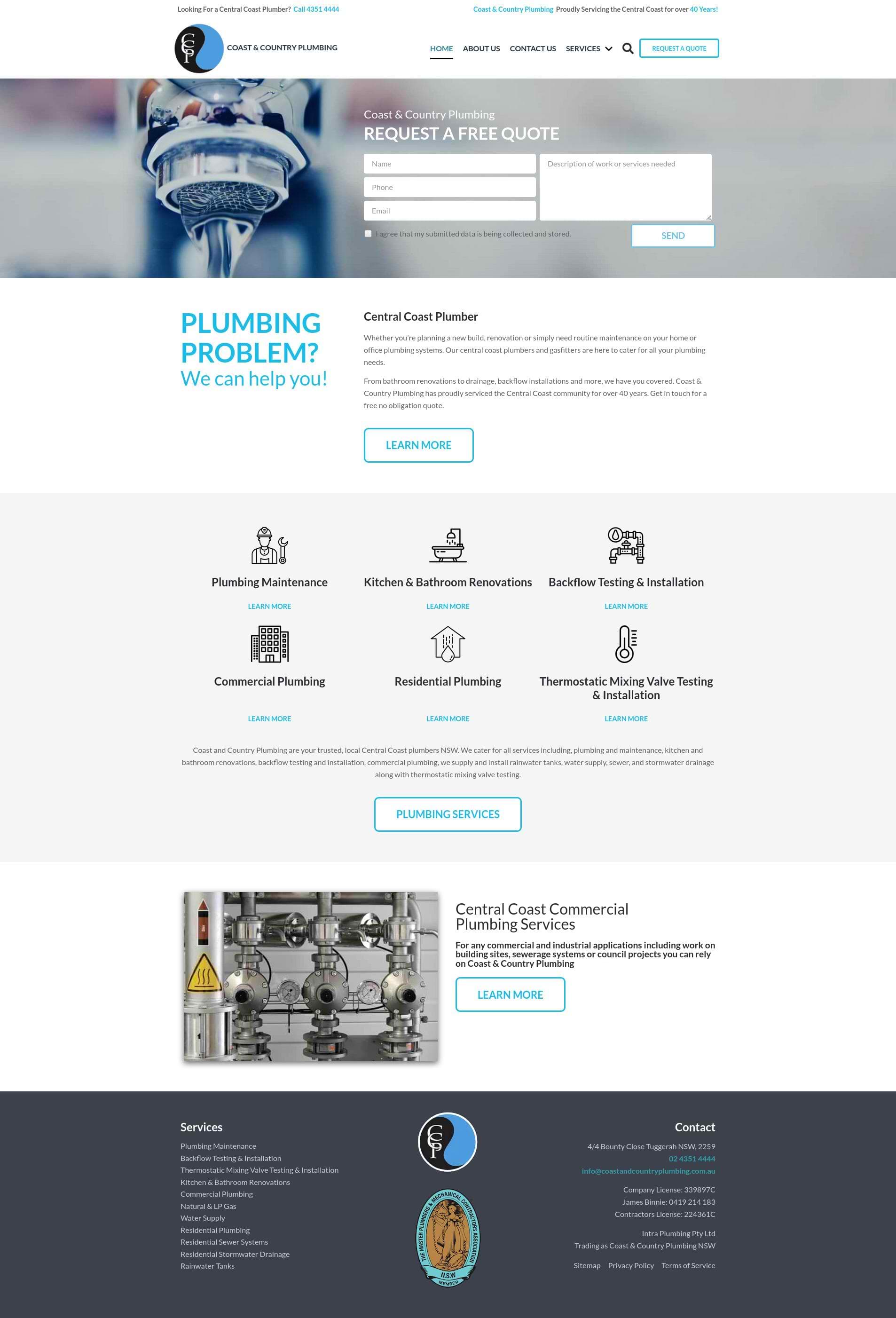 Coast & Country Plumbing homepage screenshot.