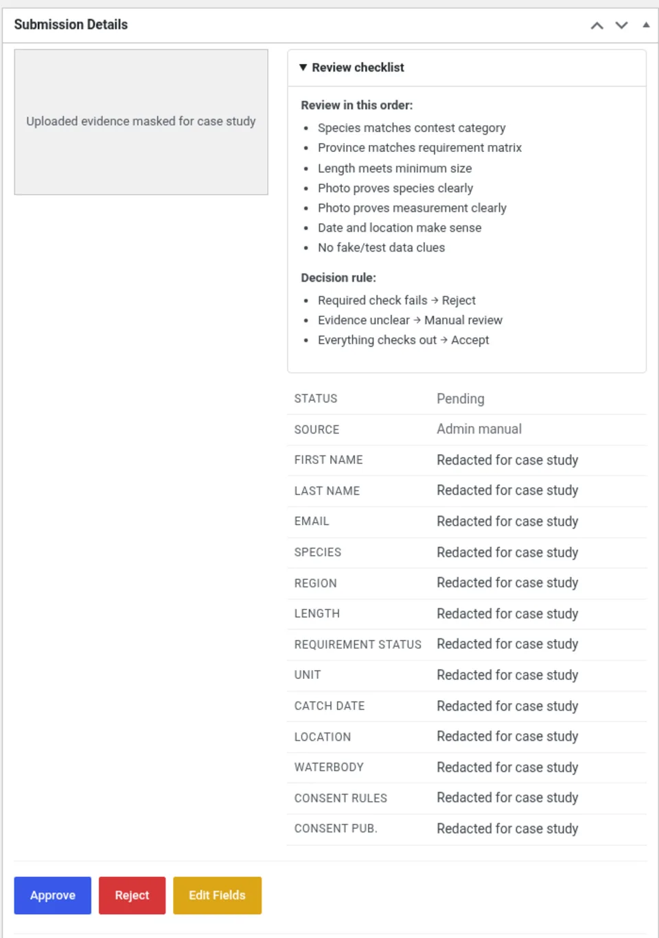 FCA custom admin review screen with checklist, pending status, redacted fields, and review controls