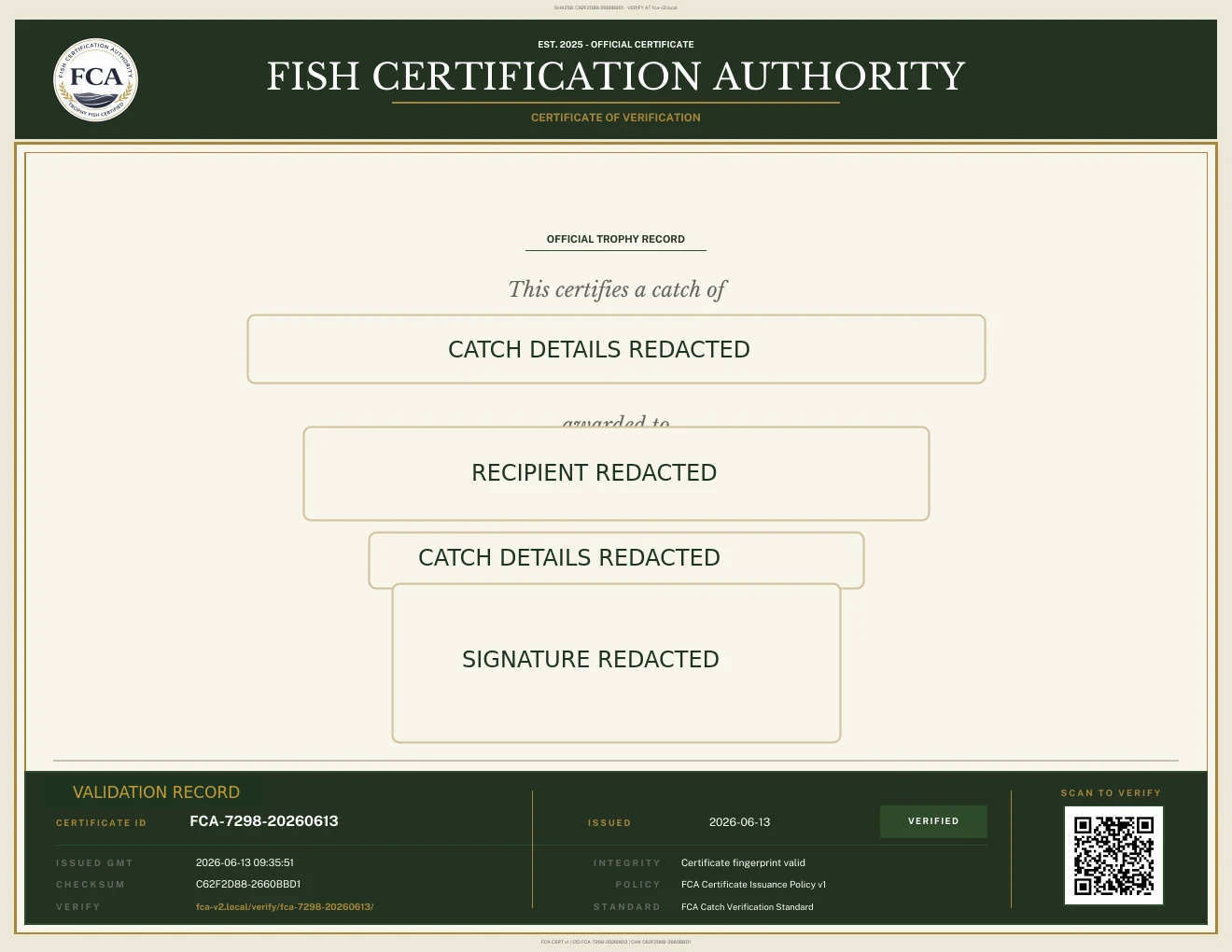 FCA generated certificate layout with identifying fields omitted