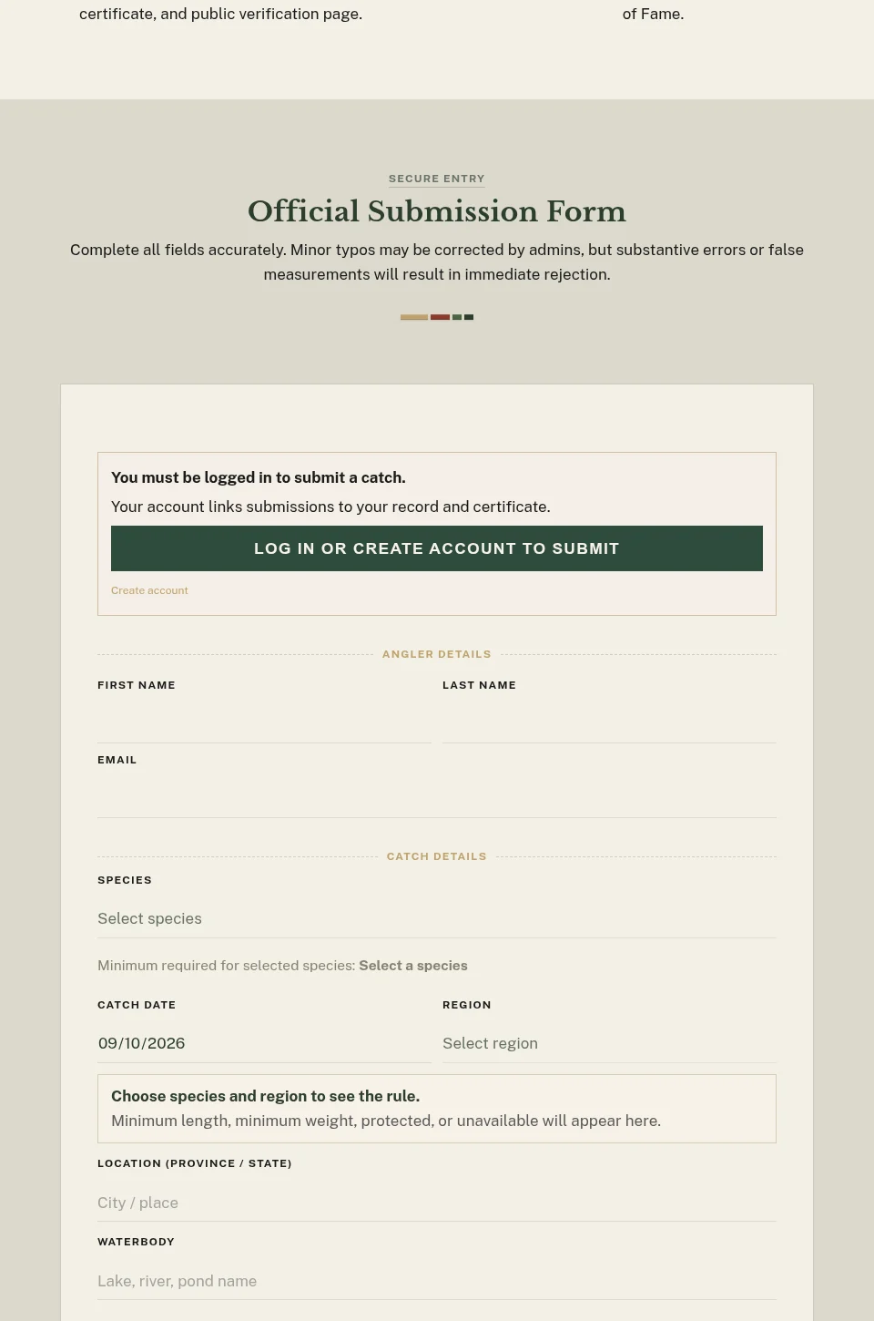 FCA official submission form with login gate, angler details, catch details, and evidence fields