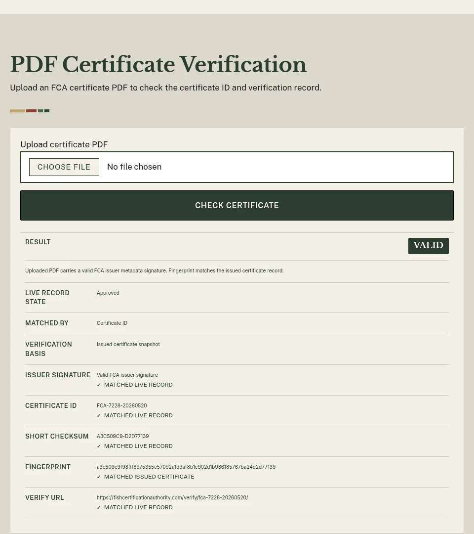 FCA certificate upload checker showing a valid live registry match and integrity fields