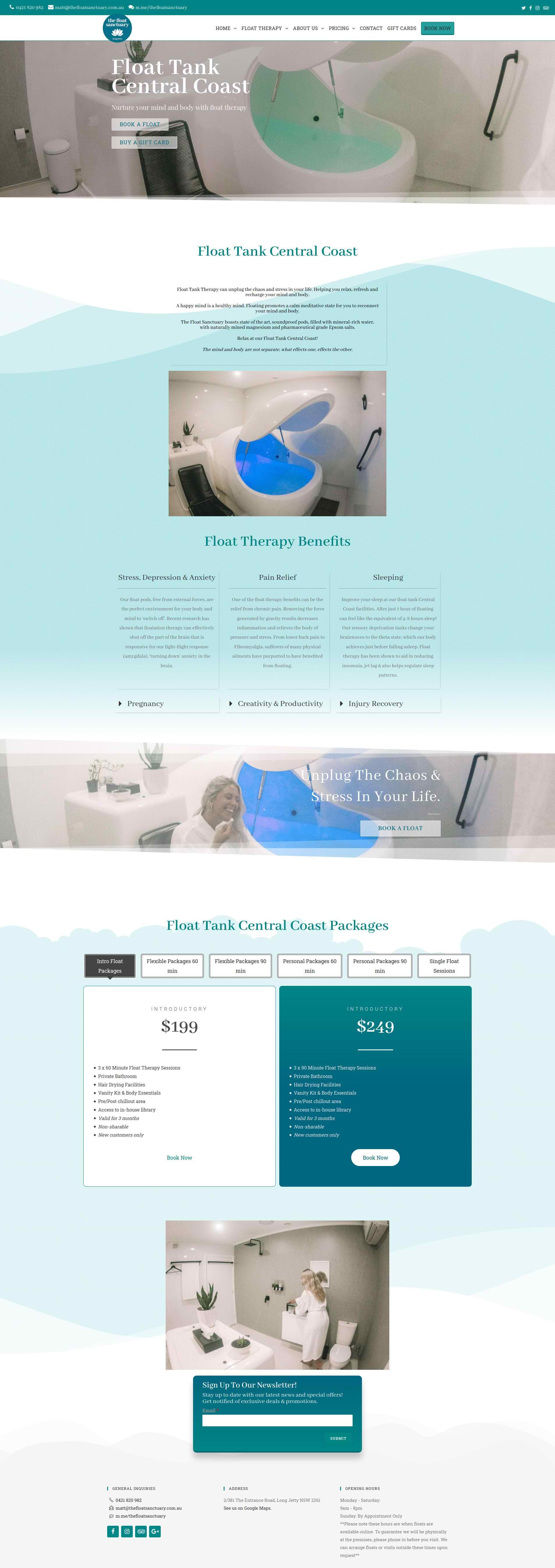 The Float Sanctuary website screenshot.