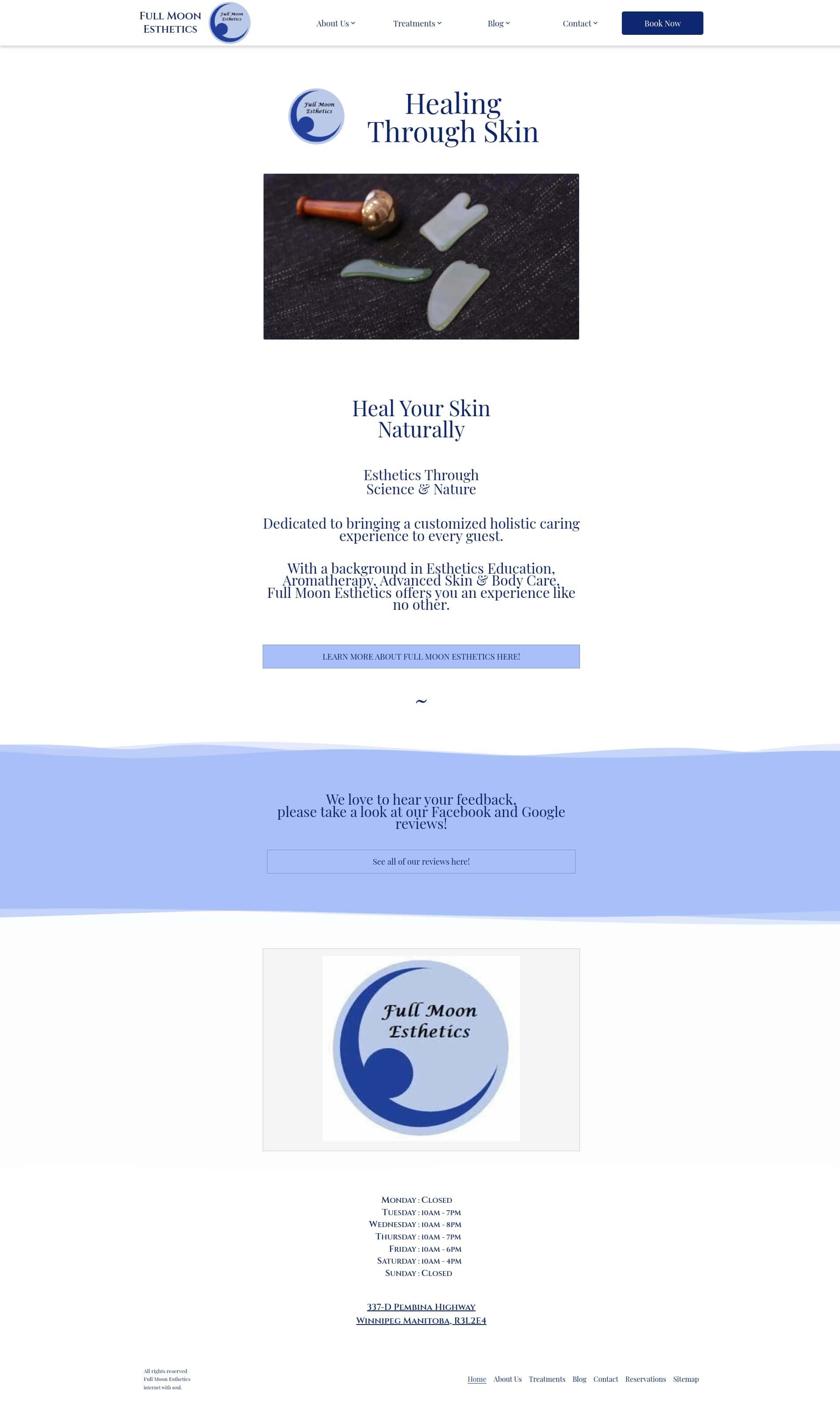 Full Moon Esthetics spa website on desktop screen.