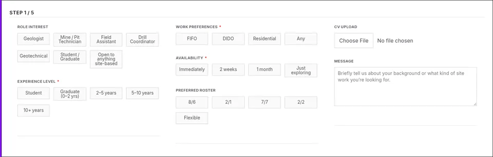 Rockforce workforce application showing structured role, experience, availability, and CV fields