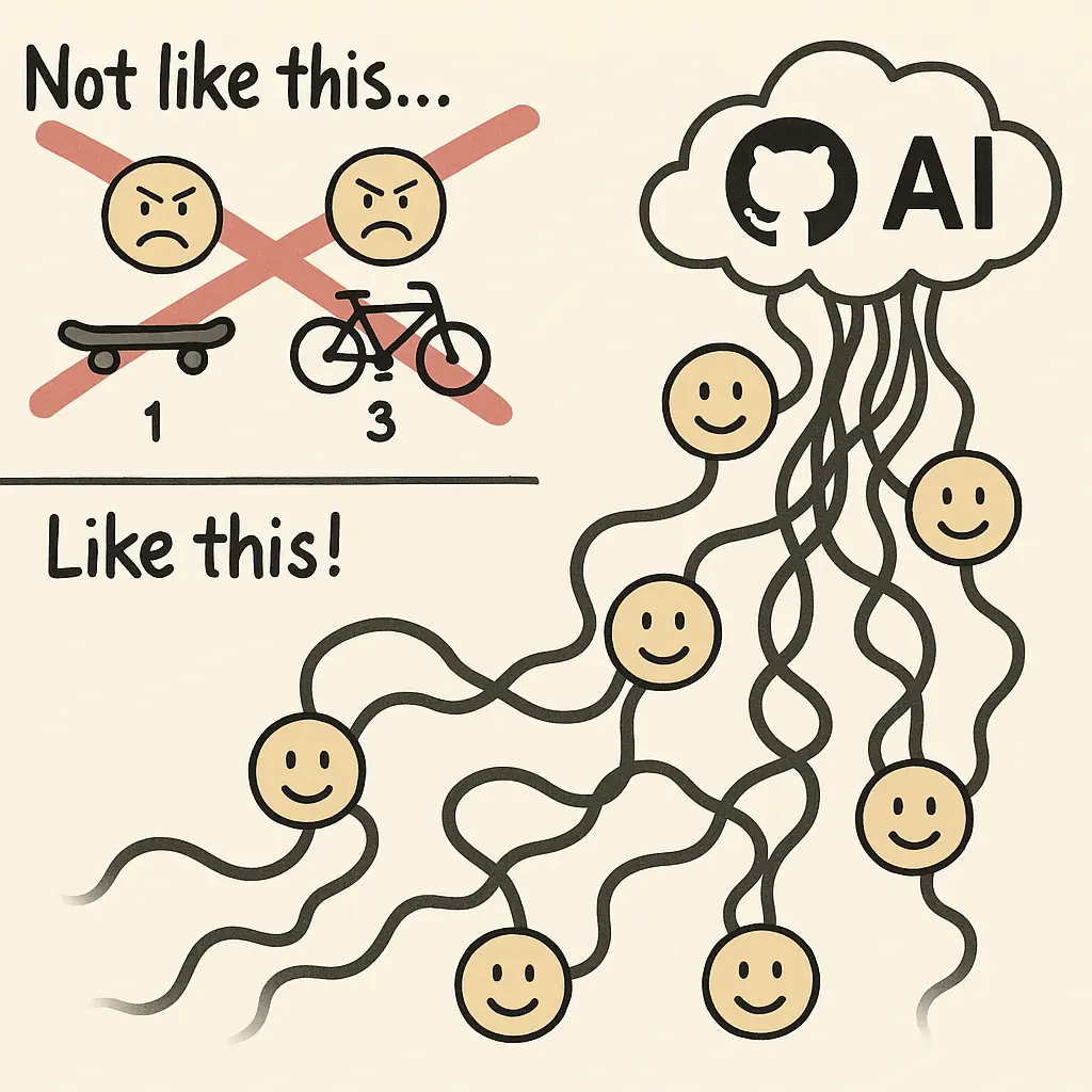 Illustration showing GitHub and AI cloud managing project workflow leading to happy client outcomes, representing FunkPd's current method.