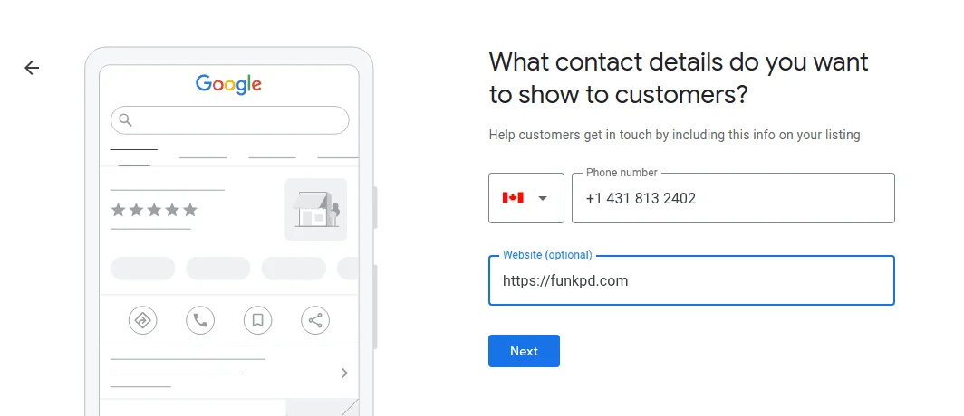 Form where users enter a public phone number and optional website URL for display on their Google listing.