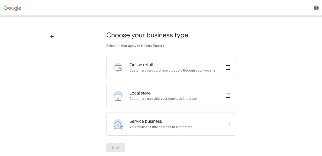 Selection page asking the user to choose applicable business types: Online retail, Local store, or Service business.