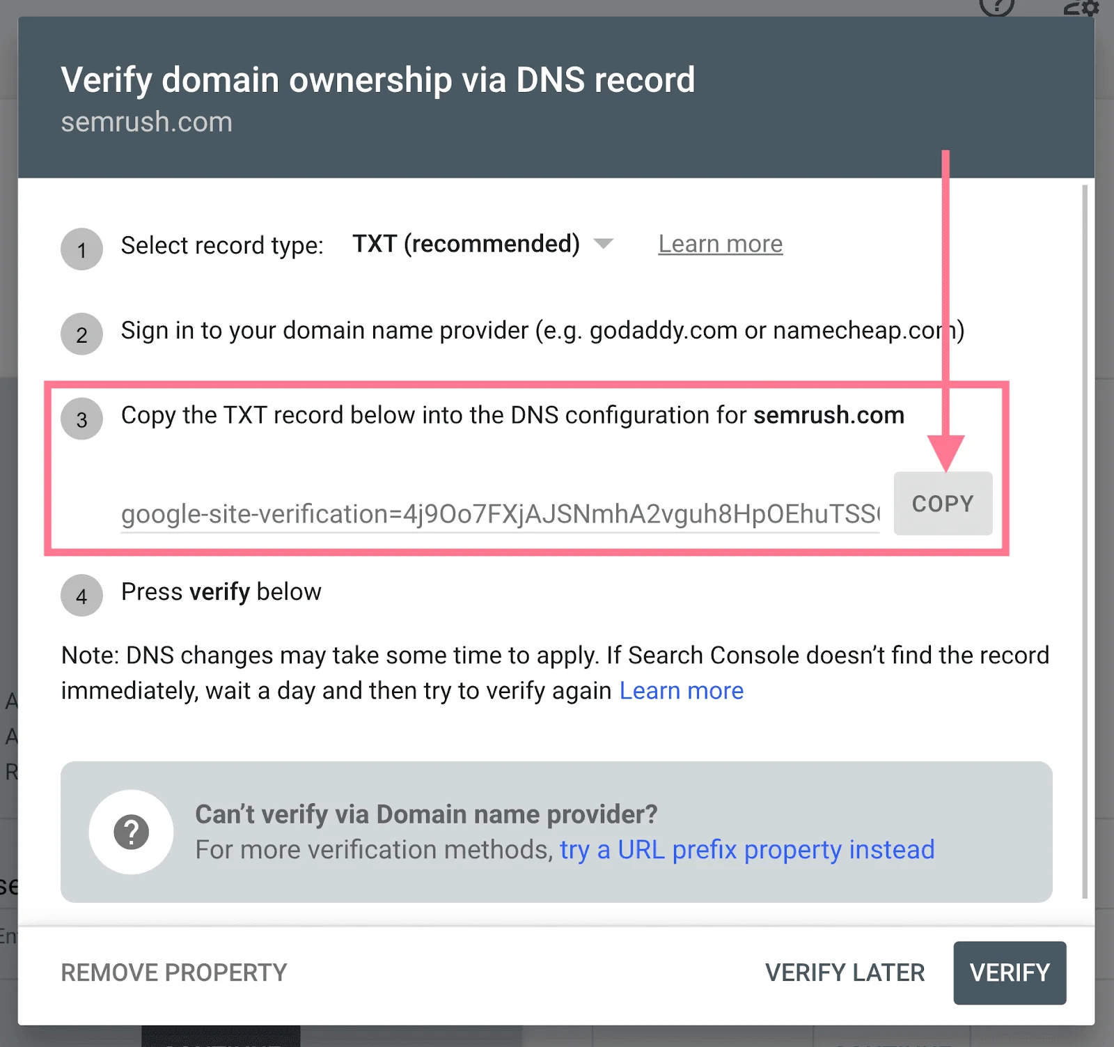Verification screen instructing the user to add a DNS TXT record to verify domain ownership for Google Search Console.
