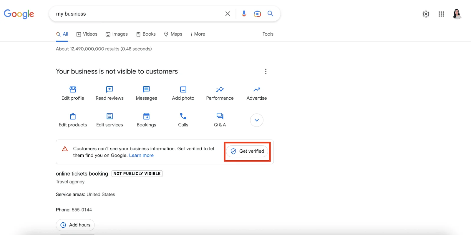 Dashboard indicating the business is not yet visible to customers, prompting the user to complete verification.