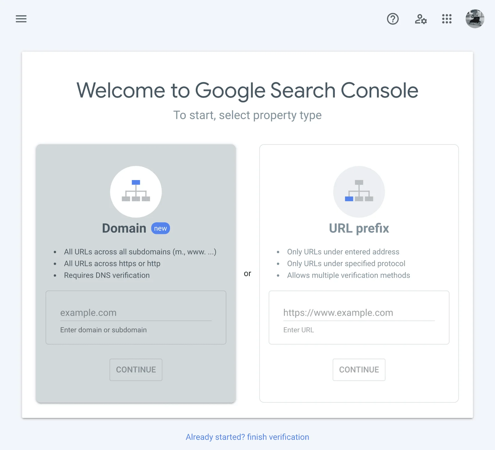Search Console setup screen showing two property type options: Domain (for DNS verification) and URL prefix.