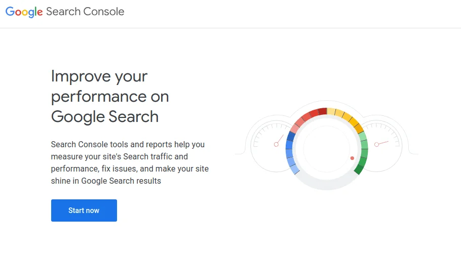 Landing page of Google Search Console inviting users to start analyzing search performance with a “Start now” button.