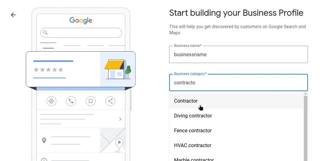 Google Business Profile setup form showing fields for business name and category; “Contractor” is being selected.