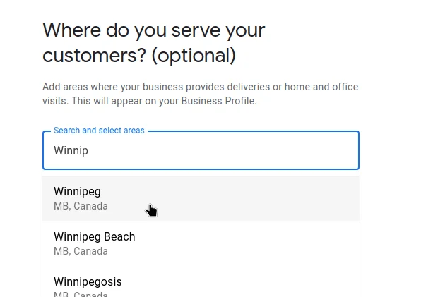 Dropdown UI showing service area selection while entering “Winnipeg” as the target location for business services.