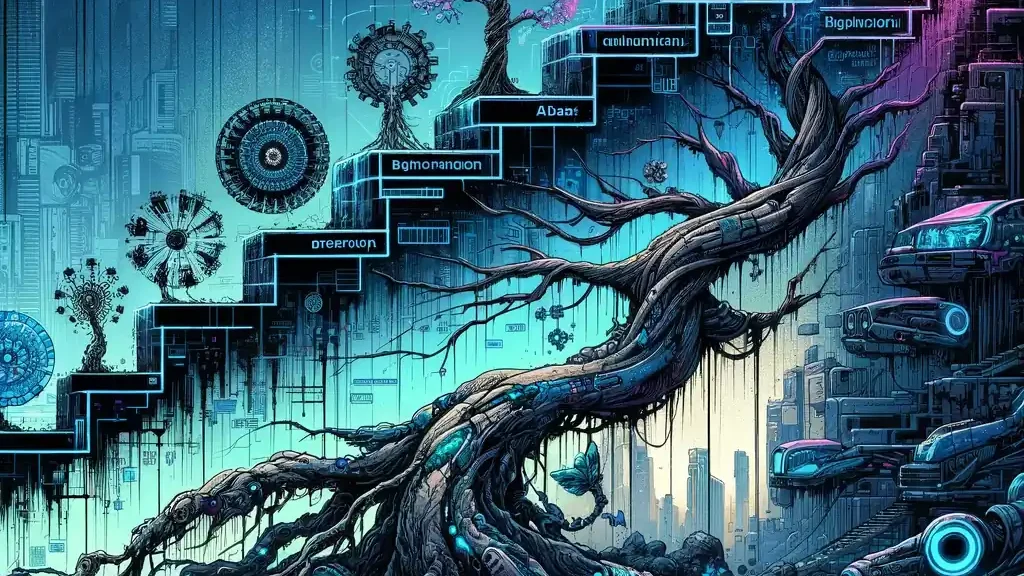 Cyberpunk style graphic illustrating the evolution of text and placeholders.