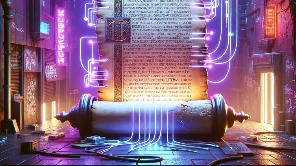 Stylized graphic illustrating the evolution from ancient text to modern digital placeholders.