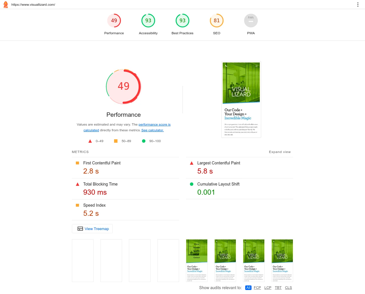 Visual Lizard Lighthouse performance report.