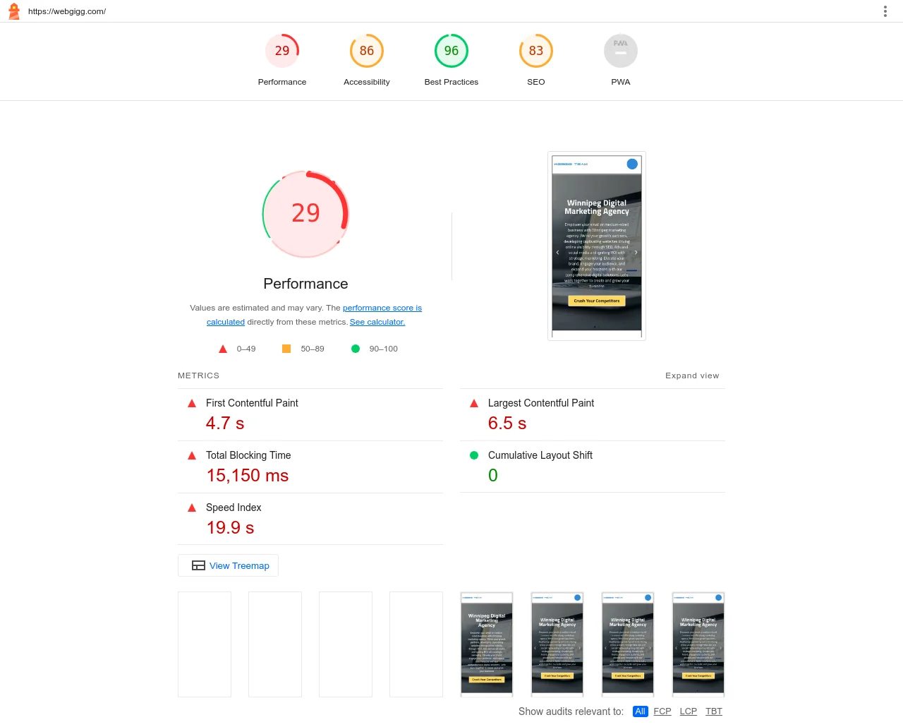 Webgig Team Lighthouse performance report.