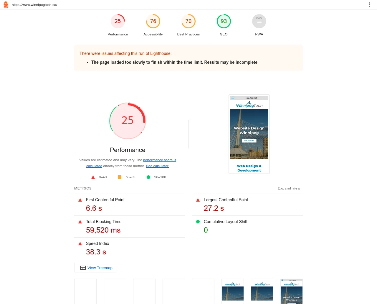 WinnipegTech Lighthouse performance report.